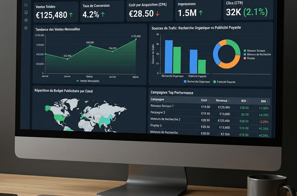 Marketing dashboard showing sales, conversion rate, cost per acquisition, impressions, clicks, monthly sales trend, traffic sources, ad budget by region, and top campaign performance.